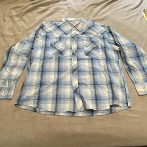 American Cowboys Choose Wrangler Shirt Mens XL Blue Plaid Vintage Pearl Snap